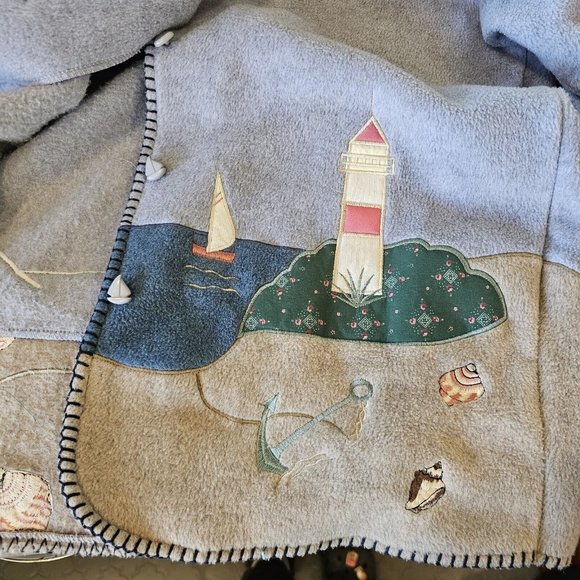 Retro 90s Coastal‎ Grandma Lighthouse Fleece Jacket Nautical S/M Beach Sailboat - Picture 13 of 14